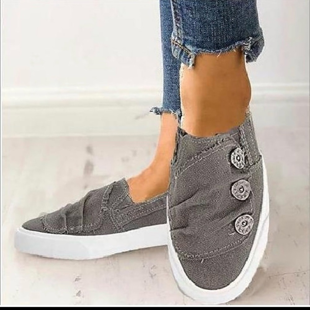 Jolimall Women’s Gray Slip-On Canvas Loafers with Side Button Detail